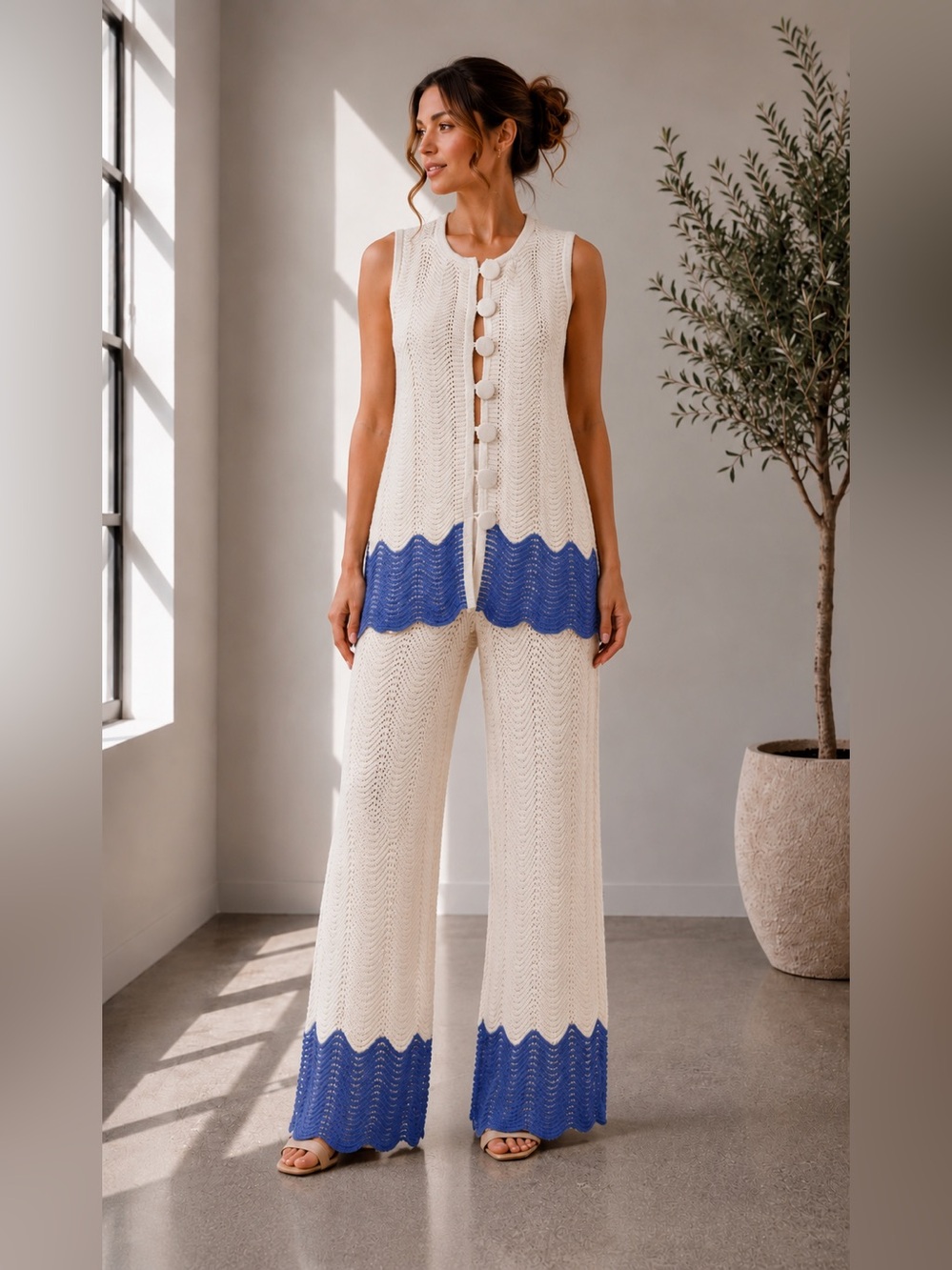 488. Marina Colorblock Knit Teo piece Set in cream and blue